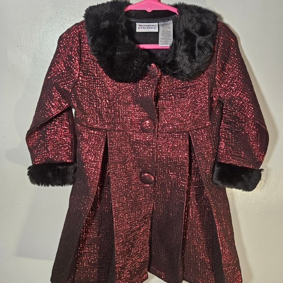 Blueberi Boulevard 3T Girls Holiday Overcoat Jacket Fur Trim Metallic Red - Picture 1 of 4